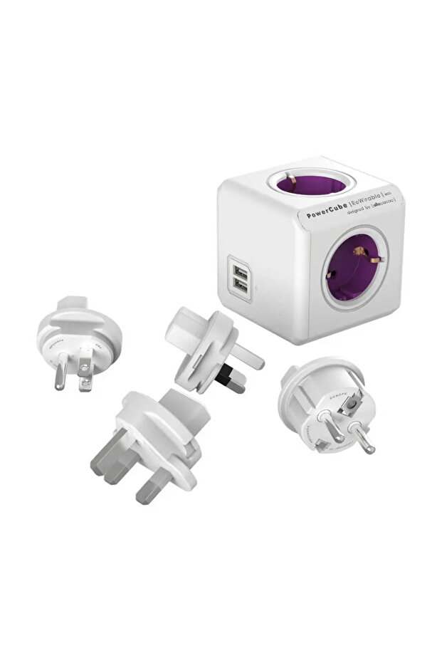 Cubic extension cord, Powercube by Allocacoc, 3 adapters, 2xUSB, 4 sockets, white/purple - 1