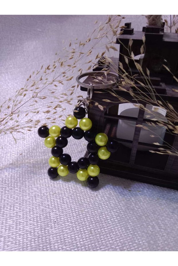 5Pcs Pearl Yellow Black Color Long Silver Chain Keychain