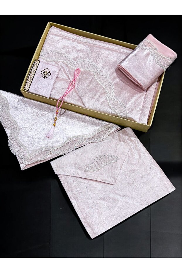 6 Piece Velvet French Laced Dowry Package Boxed Prayer Rug Set Bride Groom Set