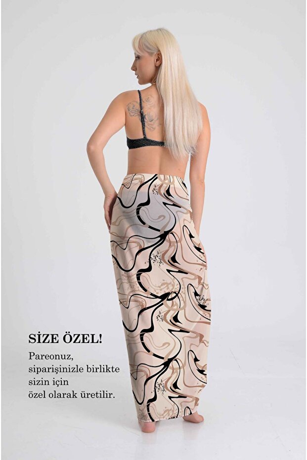 Abstract Wave Pattern Pareo |   Beige Background |   100X145 cm |   Digital Printing |   Chiffon / Satin - 3