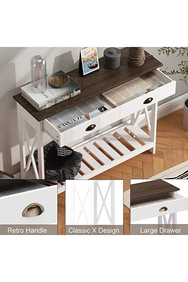 Console Table with Drawers, Narrow Wooden Sofa Table with Bottom Storage Shelf for Entryway - 4