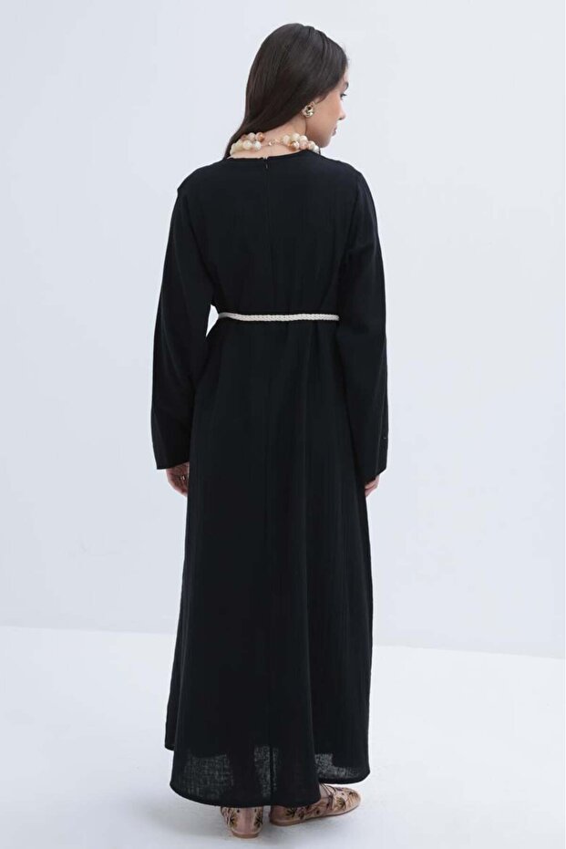 Siyah-Kuşaklı Basic Müslin Elbise - 3