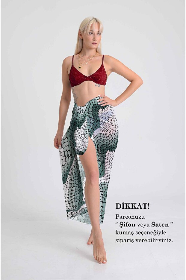 Green White Wave Knitted Patterned Pareo | 100X145Cm | Digital Printing | Silky Chiffon