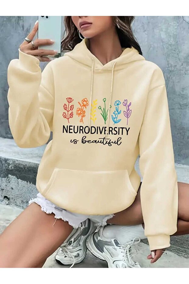 Neurodiversity Printed Hooded Pocket Cotton Beige Sweatshirt