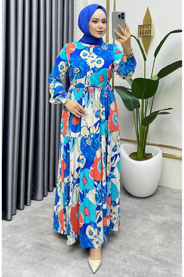 Flora Desenli Viskon Elbise 7129-03 Saks - 1