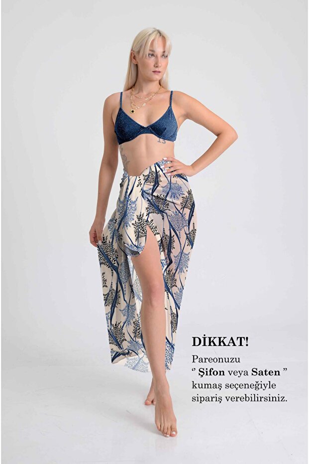 Thin Branch Botanical Patterned Pareo | Blue & Navy Blue Tones | 100X145Cm | Digital Printing | Chiffon