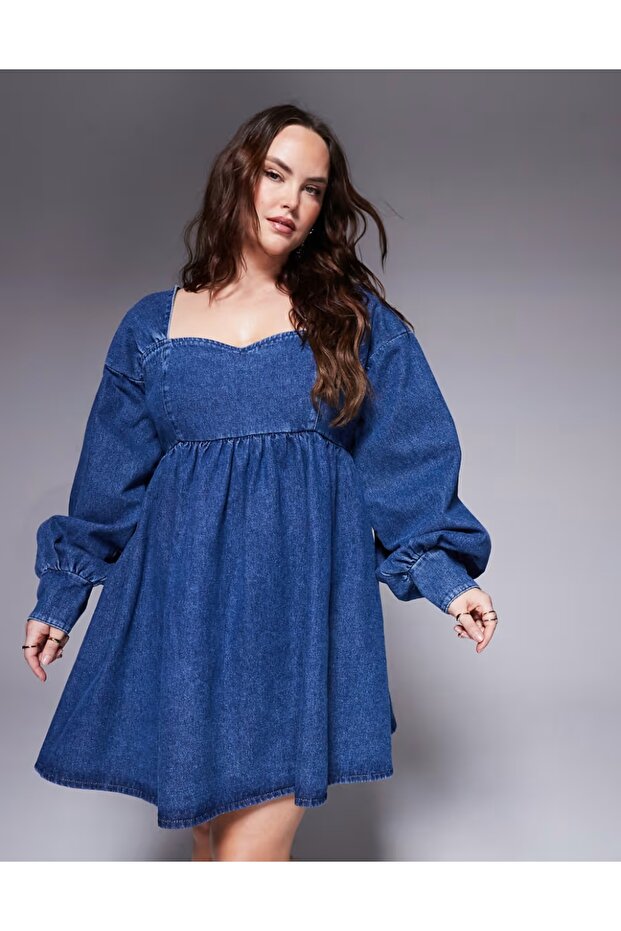 Women's Plus Size Blue, Backless, Long Volume Sleeves, Back Zipper Closure Jeans Dress 65N39016