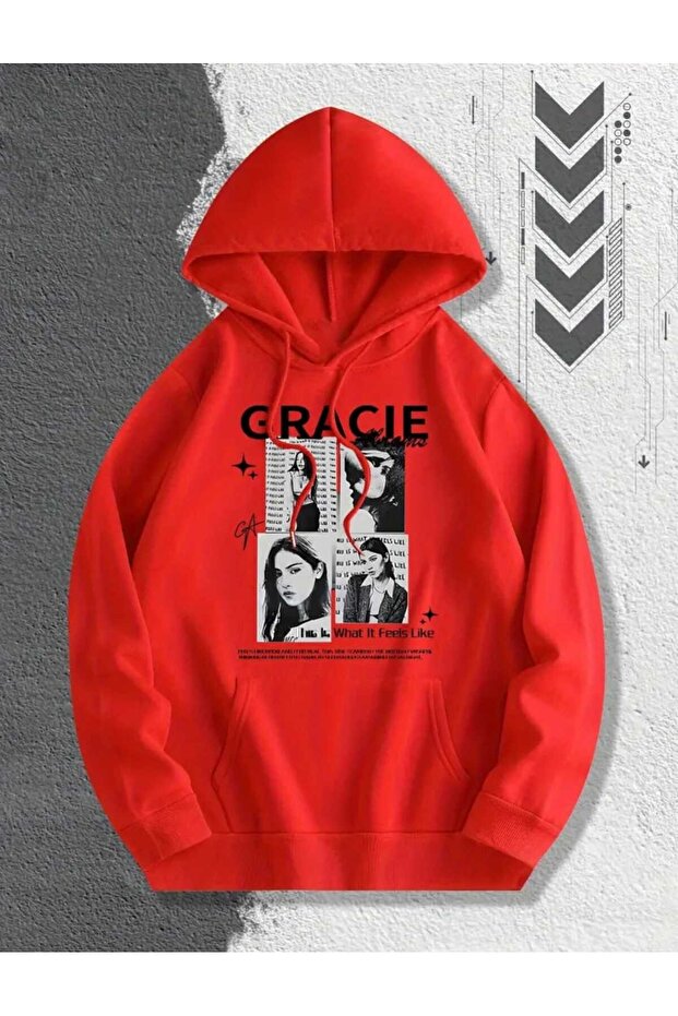 Gracie Abrams Printed Hooded Pocket Cotton Red Sweatshirt