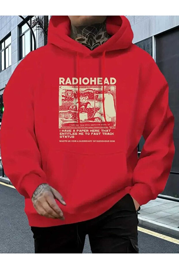 Radiohead Cover Printed Hooded Pocket Red Sweatshirt with Wool Inside