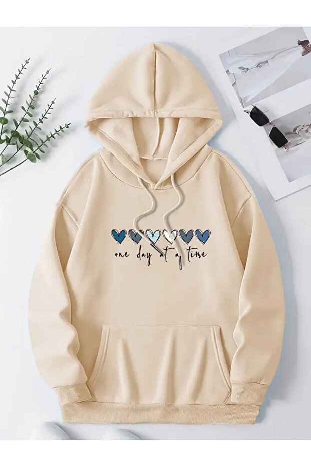 One Day at Time Printed Hooded Pocket Cotton Beige Sweatshirt