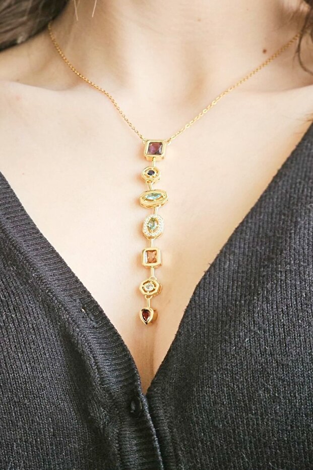 7 Elementli Renkli Taşlı Çelik Y Kolye - 3