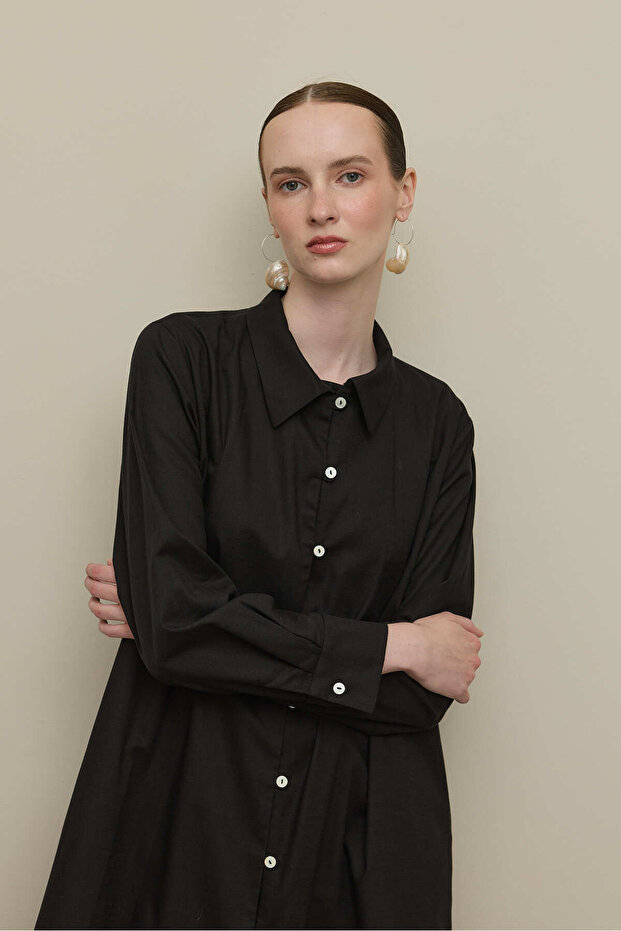 Britli Keten Maxi Gömlek Siyah - 3