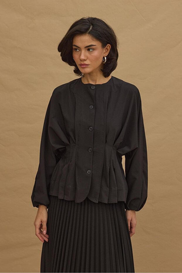 Pileli Dikişli Ceket Siyah - 6