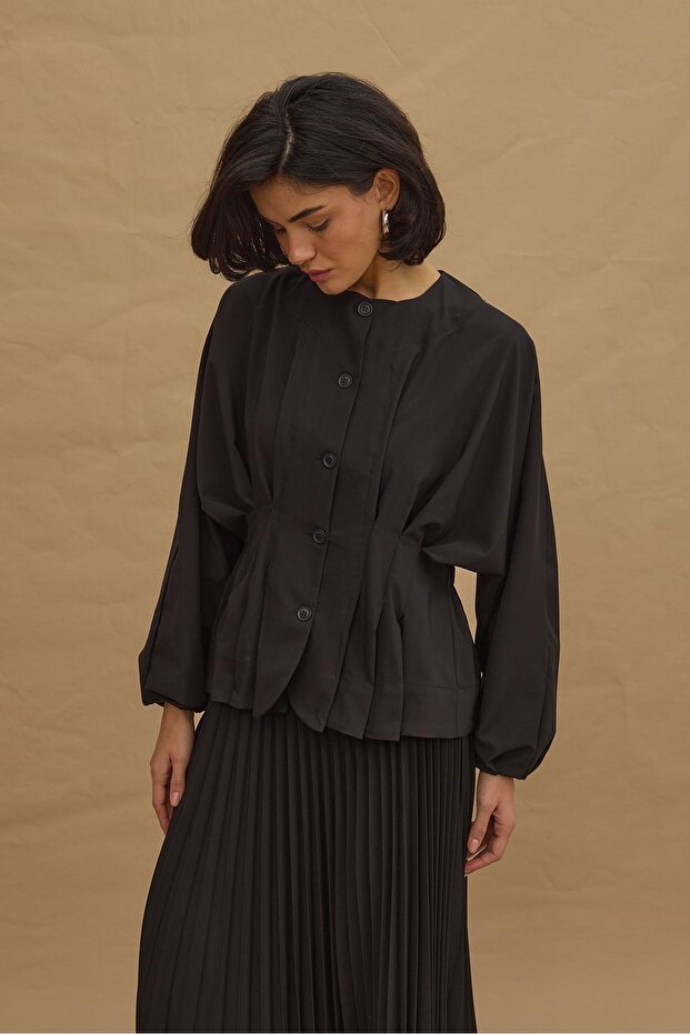 Pileli Dikişli Ceket Siyah - 4