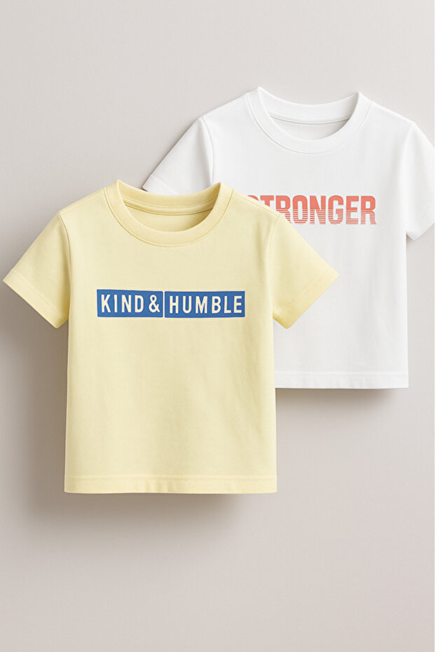 Junior Boys Pack of 2 Slogan Print Cotton T-Shirt - White & Light Yellow