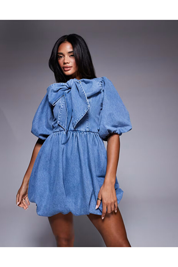 Women's Plus Size Blue, Bow Detail, Backless, Balloon Skirt, Denim Dress 65N39018