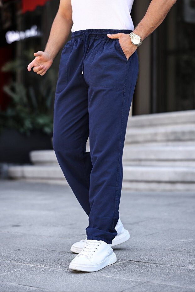 Navy Blue Men's Summer Linen Blend Trousers