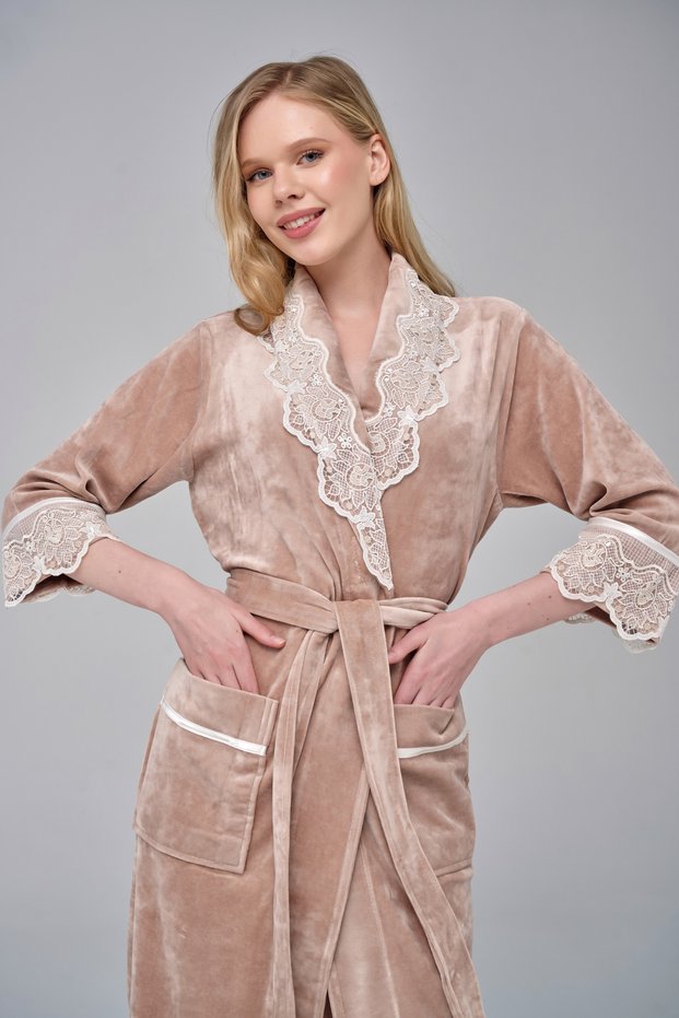 Beige Elegant Stylish Lace Niki Velvet Bamboo Cotton Dressing Gown