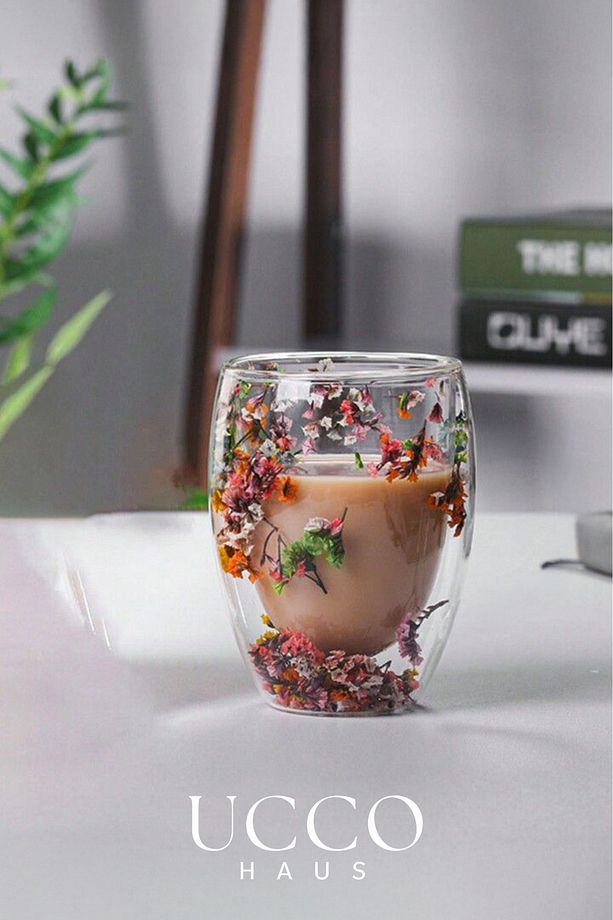 Çift Cidarlı 350 ml Çiçekli Borosilikat Cam Bardak – Isıya Dayanıklı Şık Kahve Su Meşrubat Limonata - 2