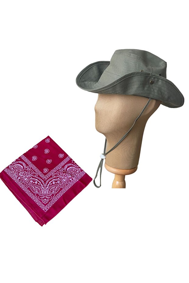 Summer Foldable Safari Fedora Cowboy Hat with Cotton Bandana Combination