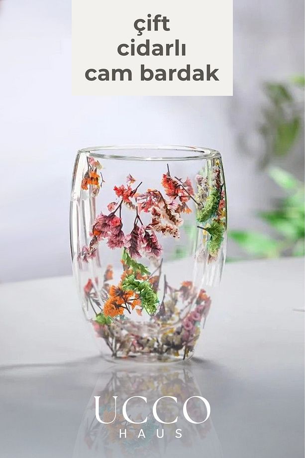 Çift Cidarlı 350 ml Çiçekli Borosilikat Cam Bardak – Isıya Dayanıklı Şık Kahve Su Meşrubat Limonata - 1