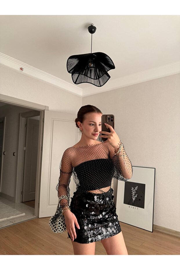Siyah Payetli Mini Etek - 1