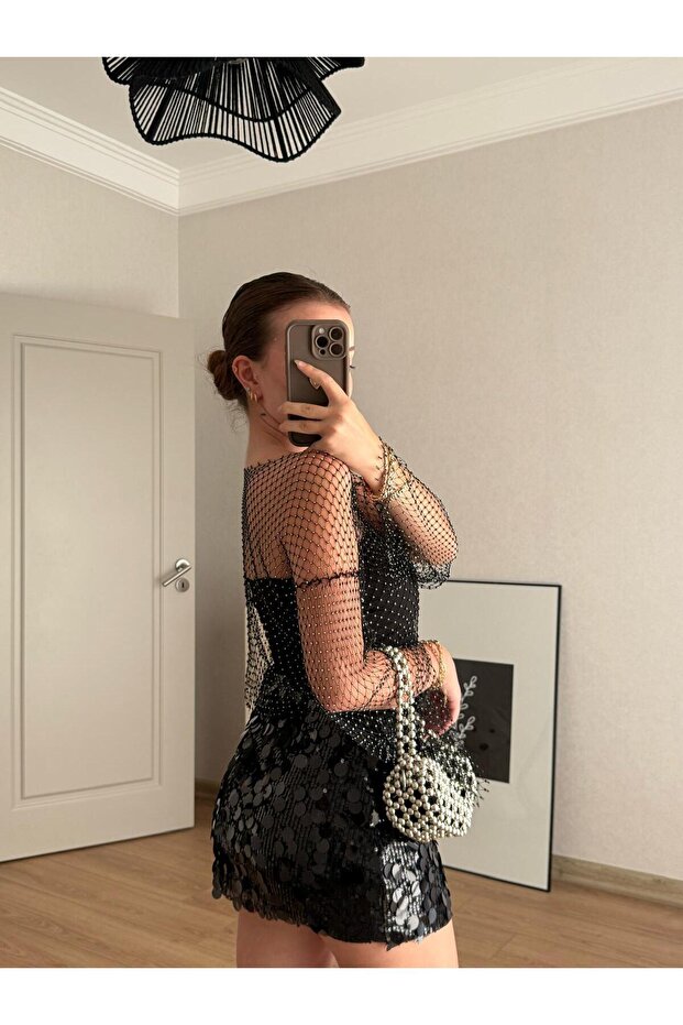 Siyah Payetli Mini Etek - 6