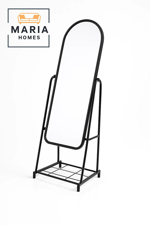 White Arched Full-Length Mirror with Rolling Frame and Storage Rack