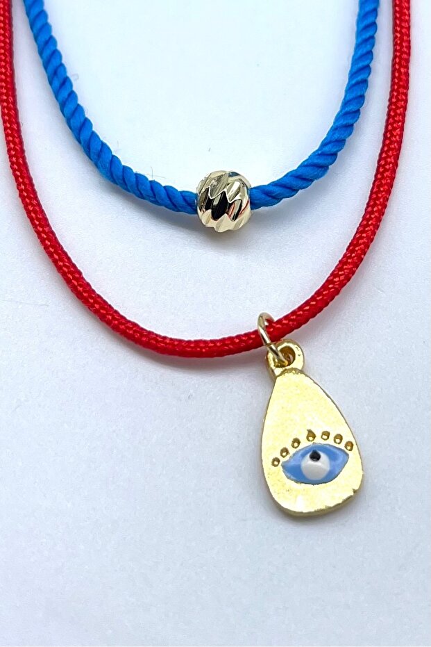 Blue and Red Twisted Rope Necklace Set with Evil Eye and Dorica Figures (2 Pieces)