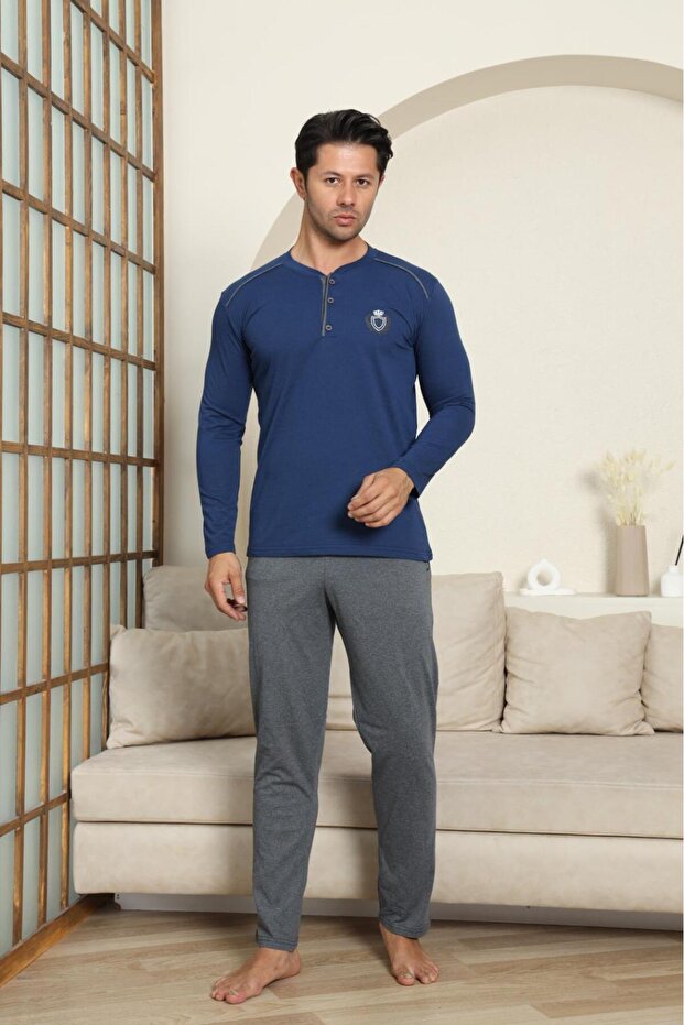 Men's Cotton Long Sleeve Navy Blue Pajama Set
