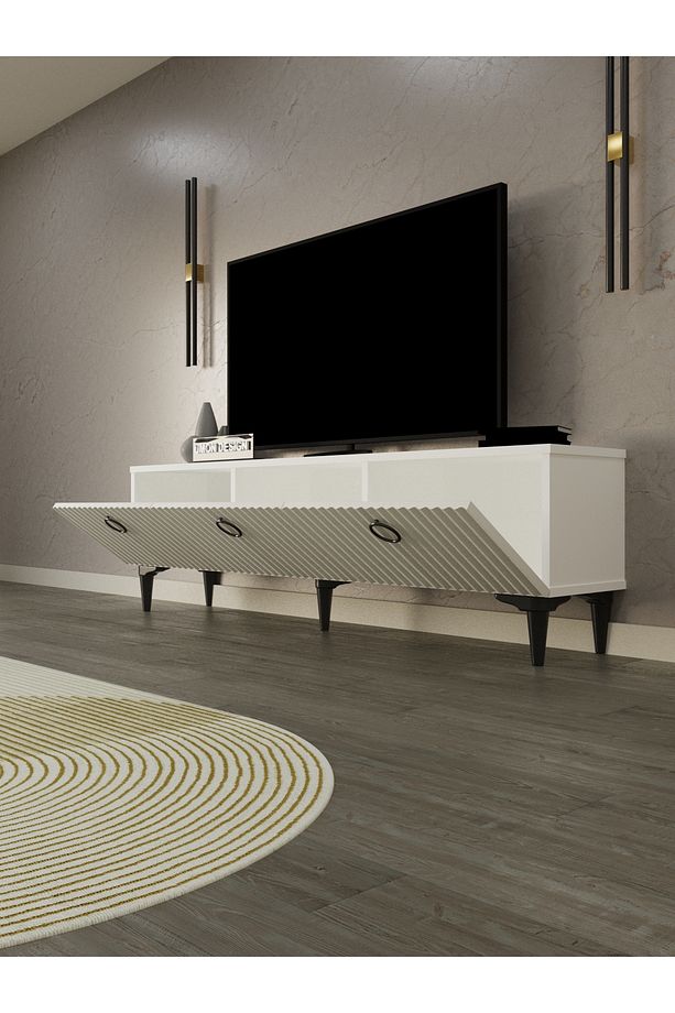 Line Tv Ünitesi 150 cm Üç Kapaklı MDF Kapak Raflı Ayaklı TV Sehpası - 2