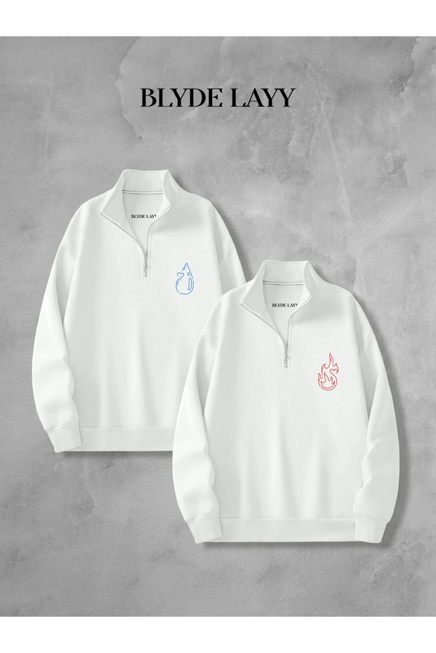 Fire and Water 3-Thread Half Zipper Sweatshirt Lover Couple Combination