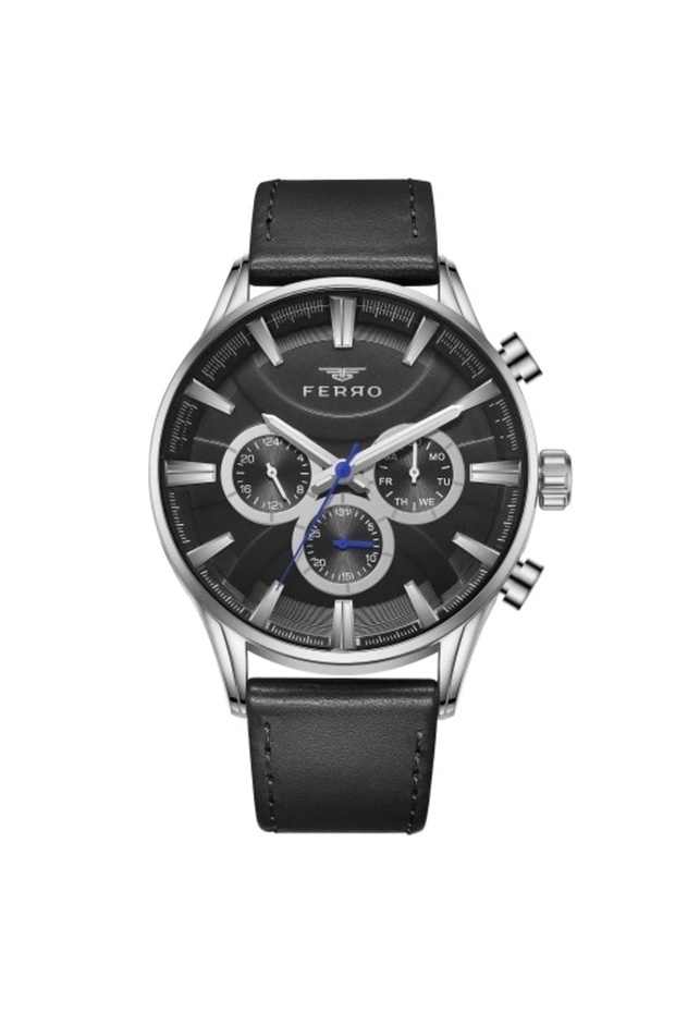 Black Leather Cord Men's Wristwatch Fm11180B-J2 Functions Active 3Atm Waterproof Giftpackaging