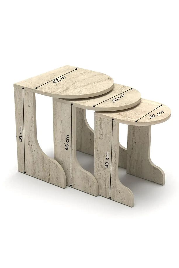 Falez Zigon Sehpa Takımı, 3'lü Set, Yan Sehpa Traverten Desen - 3