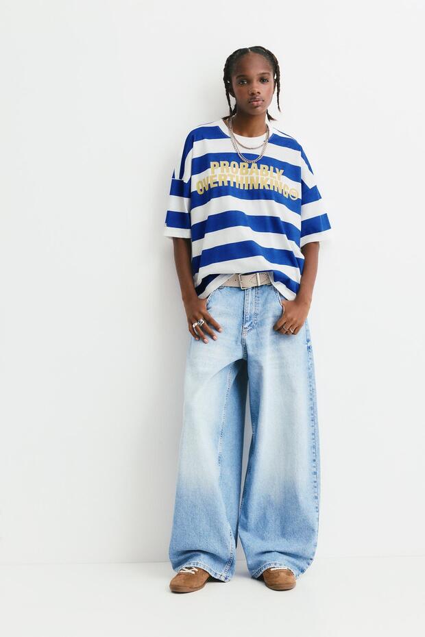 Yazılı çizgili t-shirt - 1