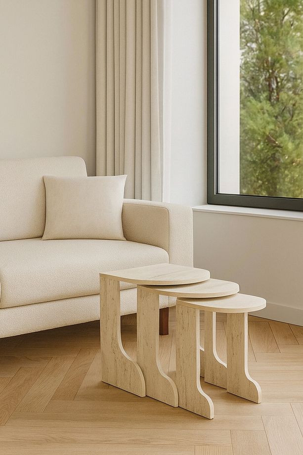 Falez Zigon Sehpa Takımı, 3'lü Set, Yan Sehpa Traverten Desen - 5