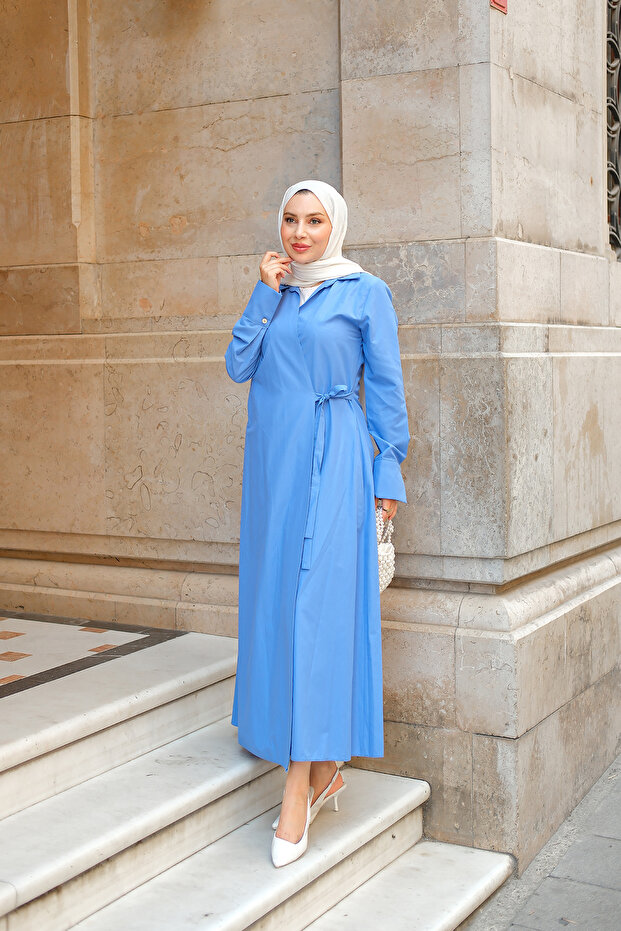 Women's Poplin Side Tie Dress Cobalt Blue