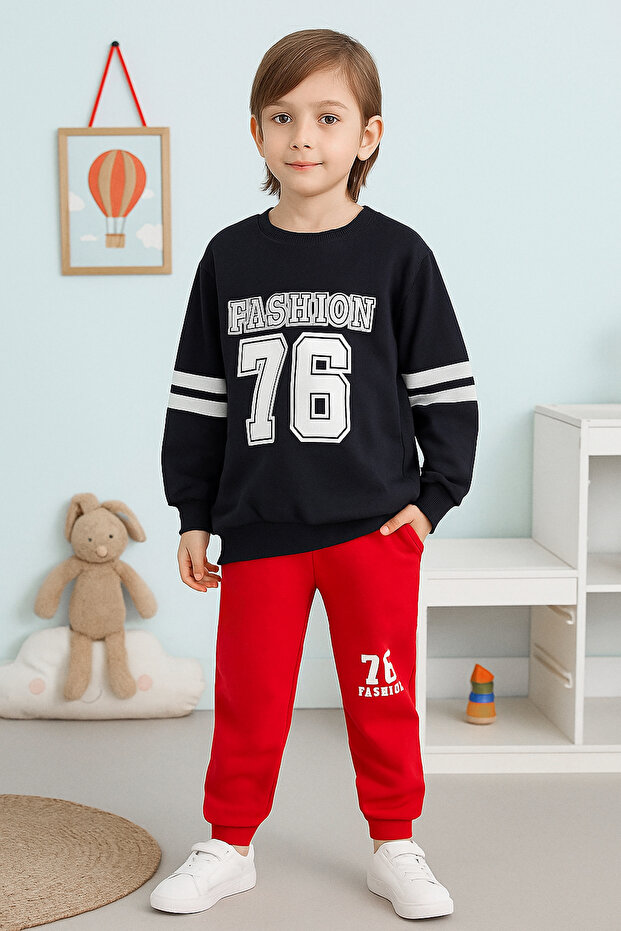 Lacivert Pamuklu Slogan Baskılı Erkek Çocuk Örme Sweatshirt ve Eşofman Alt-Üst Takım TKDAW25AU00066 - 2
