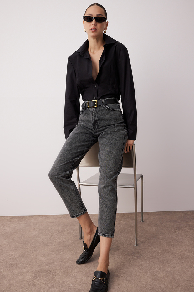 Siyah Yüksek Bel Mom %100 Pamuk Non-Stretch Jeans TWOSS23JE00067 - 2