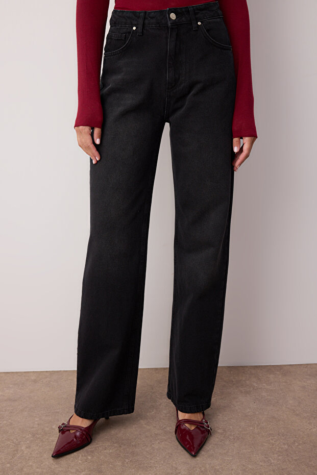 Fekete magas derekú széles szárú széles szárú farmer TWOAW24JE00074 - 2