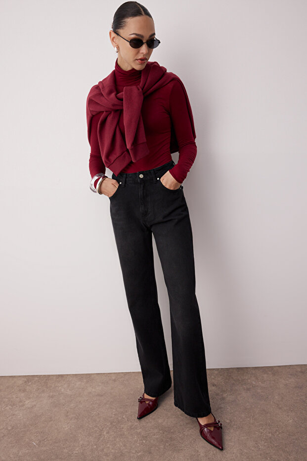 Fekete magas derekú széles szárú széles szárú farmer TWOAW24JE00074 - 1