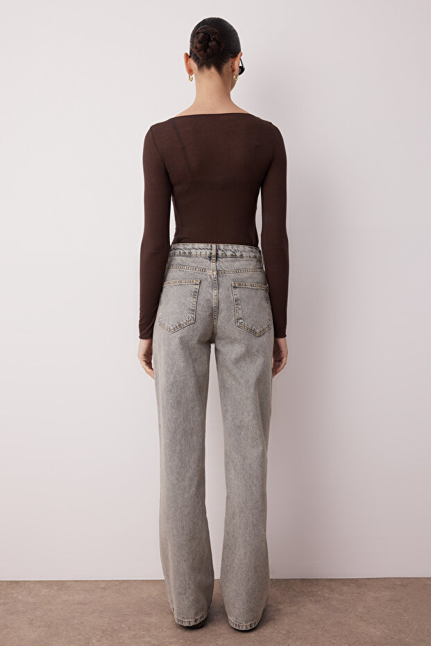 Gri Yüksek Bel Wide Leg Geniş Paça %100 Pamuk Non-Stretch Jeans TWOSS23JE00083 - 4