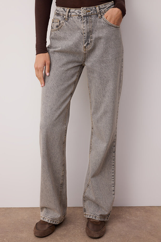 Gri Yüksek Bel Wide Leg Geniş Paça %100 Pamuk Non-Stretch Jeans TWOSS23JE00083 - 3