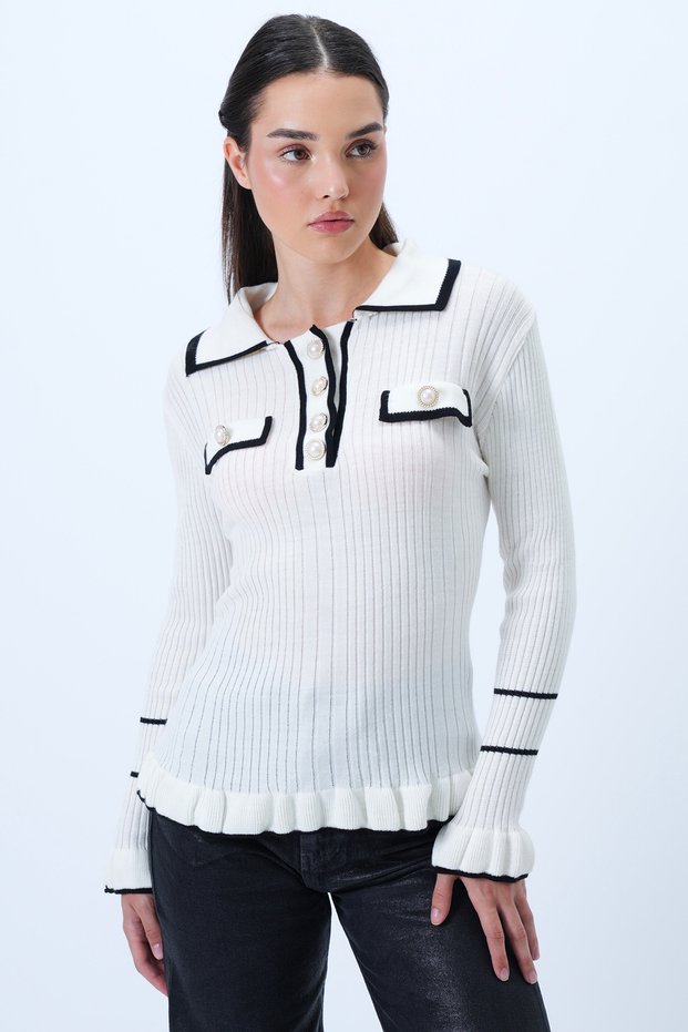 Women's Ecru Polo Neck Button Detailed Knitwear Blouse Alc-X14289