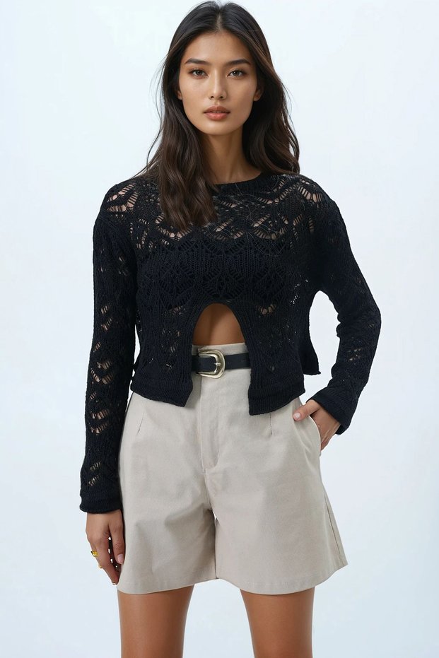 Women's Black Boat Neck Openwork Seasonal Knitwear Blouse Alc-X14330