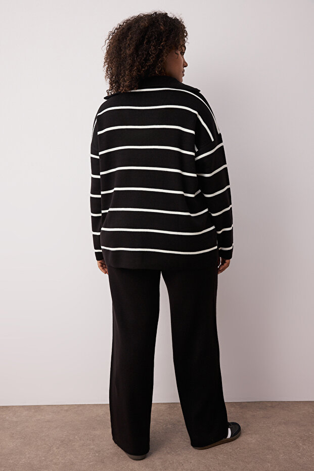 Siyah Çizgili Fermuarlı Oversize/Geniş Kalıp Triko Alt-Üst Takım TBBAW26CP00003 - 4