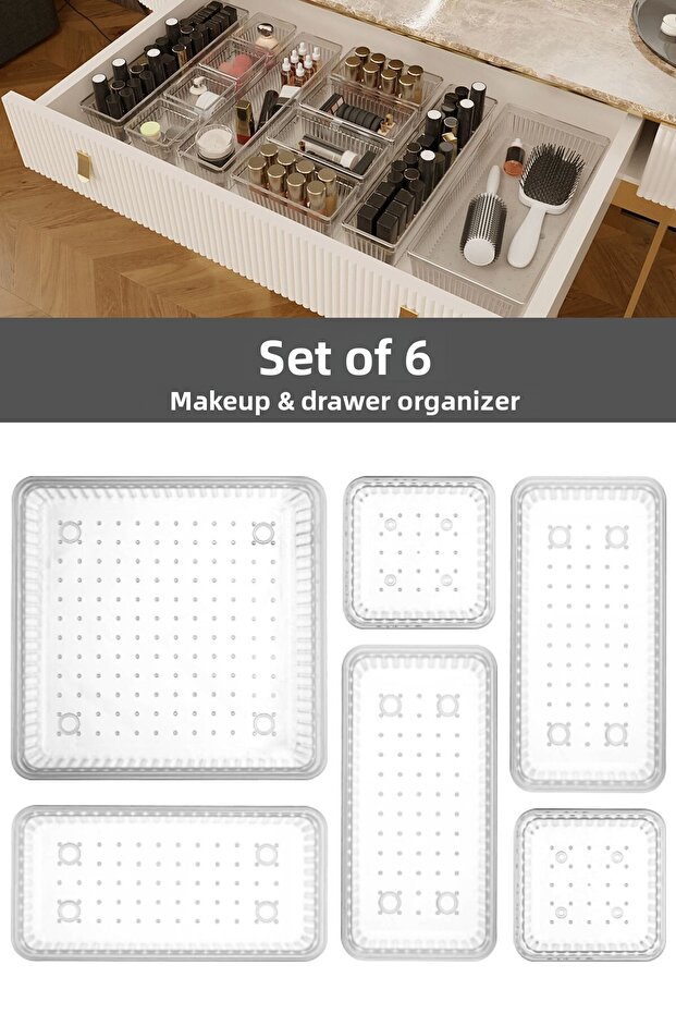 6-Piece Drawer Multi-Purpose Organizer - Cosmetic Jewelry Makeup Organizer Cabinet Organizer Transparent