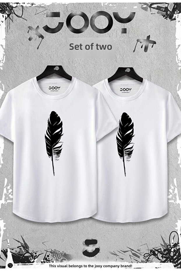 White Set of 2 Feather Printed Slim Fit Oval Cut T-shirt