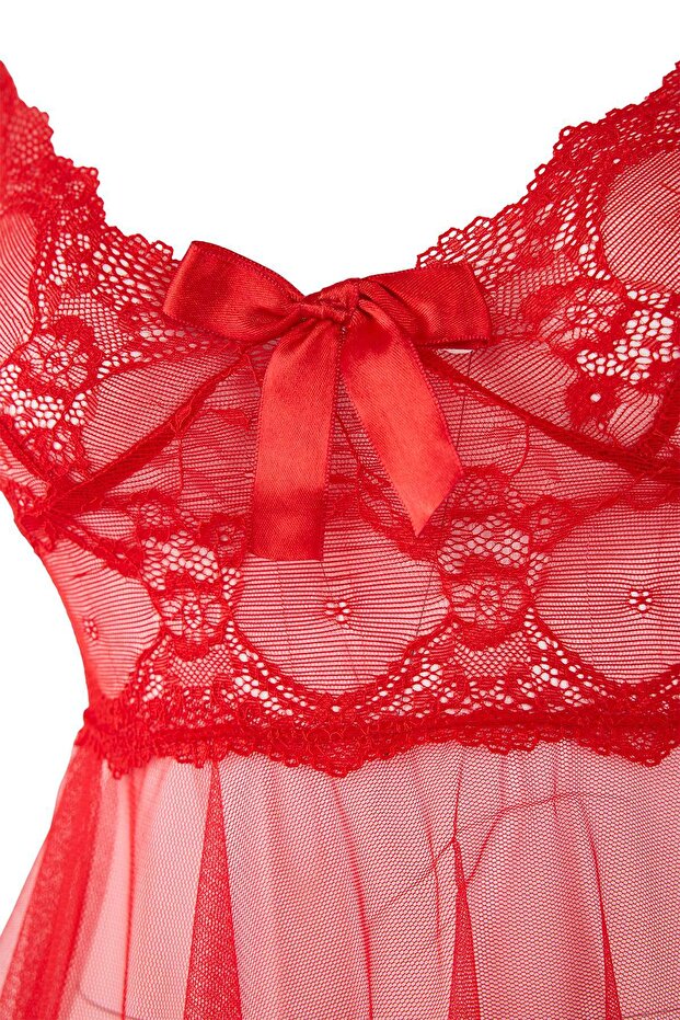 Kırmızı Şeritli Kapsız Külotlu Dantelli Tül Askılı Mini Boy Babydoll/Fantezi Gecelik THMAW26CY00004 - 7
