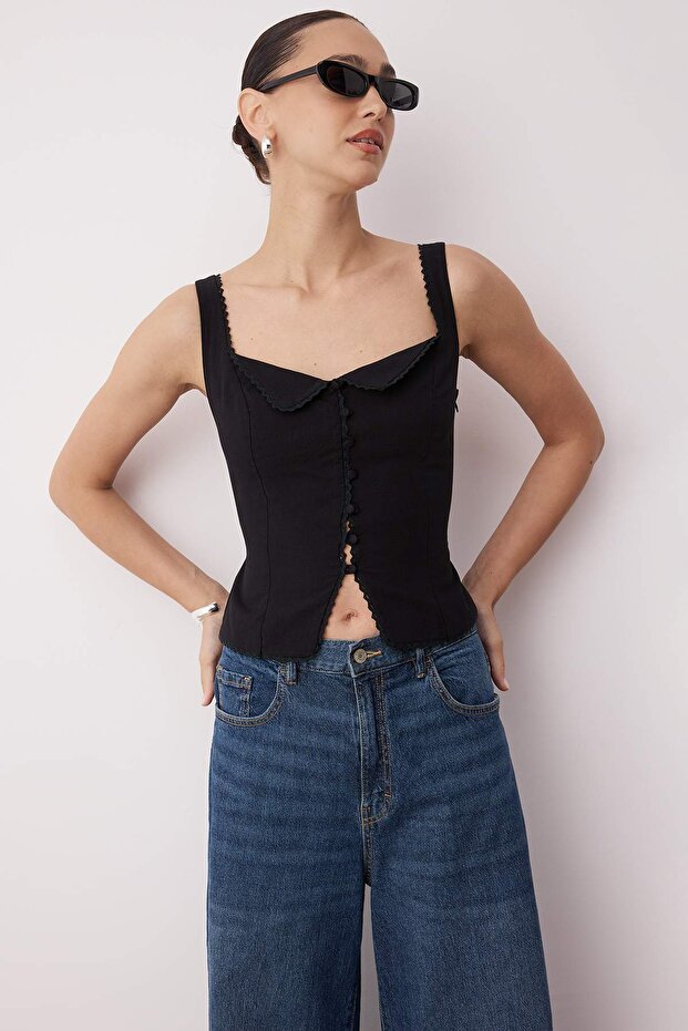 Black Fitted Back Tie Strap Woven Blouse Twoss25Bz00553